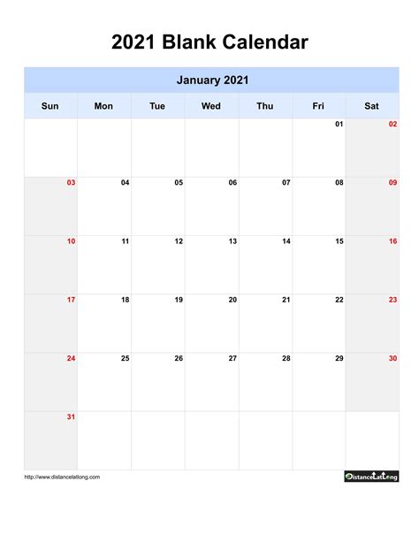 Blank Printable Calendar 2021